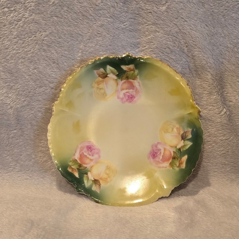 RS Germany Vintage Porcelain Floral Plate Pink Yellow Roses Scalloped Rim 6.5"